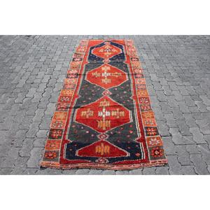 Turkish Vintage Rug 3.5x9.1 ft (108x278 cm), Herki <b>Red</b> <b>Wool</b> Rug - Product Image 1