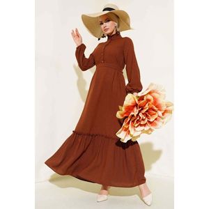 Vestido de lino marrón medio abotonado Estilo casual elegante Diseño personalizado Hasta la rodilla para eventos en la iglesia Días Vacaciones Tallas XS XL ODM - Product Image 3