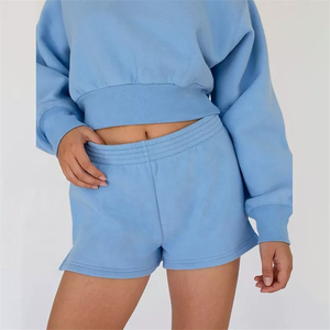 Vêtements d'automne pour femmes 2025, logo personnalisé, shorts, survêtement pour femmes, vente en gros, ensemble sweat-shirt et shorts, violet, ensemble court deux pièces - Product Image 6