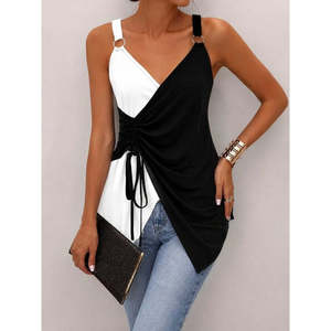 Blusa de viscosa bicolor con tiras y cuello cruzado con lazo lateral para mujer, 37601 - Negro - Product Image 2
