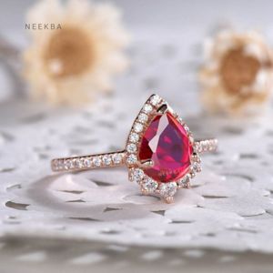 6*8 mm Pear-Shaped Lab-Grown Ruby 10K Solid <b>Gold</b> <b>Ring</b> Halo Half Eternity <b>Vintage</b> <b>Ring</b> Handmade Ruby Engagement <b>Ring</b> From India - Product Image 4