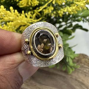 แหวนแต่งงาน/หมั้น ทรงโบฮีเมียน ทำมือ ดีไซน์หรูหรา เงินแท้ 925 สองสี ประดับควอตซ์สโมกกี้ ทรงรี - Product Image 1