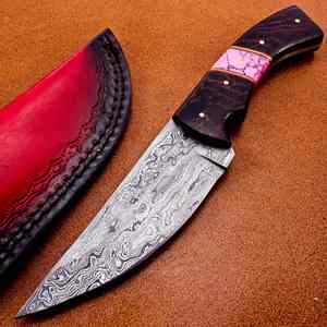 มีดสกินเนอร์เหล็กดามัสกัสปรับแต่งได้ OEM ทำจากหนังมีลวดลายบิดด้ามไม้ - Product Image 1