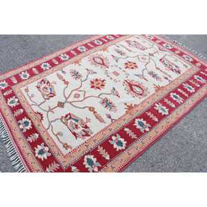 Vintage Large Rug 5.7x8.1 ft, <b>Red</b> Blue Floral Rug <b>Wool</b> - Product Image 1