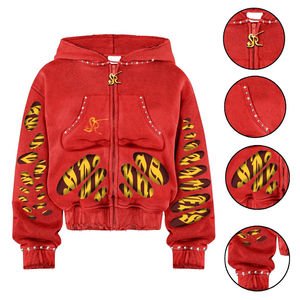 Custom Streetwear Zip up Crop <b>Hoodie</b> Men Distressed Acid Wash Heavyweight <b>Rhinestone</b> Sweatpants and <b>Hoodie</b> Set - Product Image 2