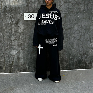 Ensemble pantalon de survêtement baggy à capuche avec impression sérigraphique personnalisée Streetwear lourd grande taille Survêtement écologique à motif uni - Product Image 3