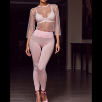 Ensemble 2 pièces sexy en maille transparente unie avec leggings évasés pour femme, style urbain, écologique, printemps/été, pour la nuit