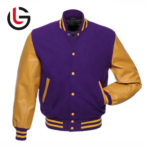 Veste d'université étudiante de haute qualité pour hommes décontracté Letterman violet corps en laine véritable et manches en cuir Beige Tan col montant - Product Image 2