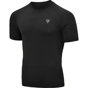 เสื้อฟิตเนสรัดรูปแขนสามส่วนสำหรับผู้ชาย,เสื้อ RDX สำหรับใส่วิ่งเข้ายิมเพาะกายสีดำ