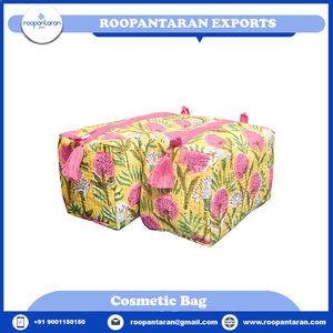 Bolsa de aseo de algodón con estampado verde de bloque de mano indio de alta calidad, bolsa de cosméticos de noche elegante a la venta - Product Image 2