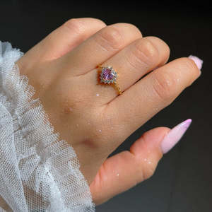 NOVAMART Fine Geometric Platinum <b>Pink</b> <b>Heart</b> <b>Ring</b> with Rhodium Plating & Gold Plated Chain Wholesale Export - Product Image 1