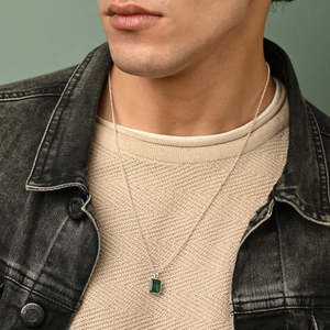 NOVAMART Fine 925 Pure Silver <b>Pendant</b> Necklace for Men Boys Diamond Shape <b>Emerald</b> Cut Geometric Pattern Bezel Setting Rhodium Ro - Product Image 3