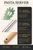 Serveur à pâtes en silicone et acier inoxydable avec manche en bois extra long, style Japandi esthétique, anti-adhésif