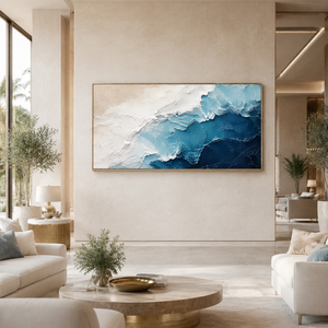 Art mural moderne, peint à la main, vagues océaniques aériennes, toile huilée, bleu et blanc texturé, abstrait, décoration côtière pour salon, hôtel - Product Image 2