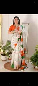 Sari Premium de Lilen para Mujer Adulta con Estampado Tiranga y Patrón Tiranga Dorado en la Blusa de Lilen, Hecho en India - Product Image 3