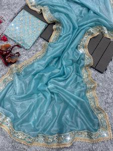 Sari de Mujer en Tela de Poliéster con Hermoso Trabajo de Lentejuelas y Bordado, con Espejo de Mano Real y Borde de Encaje de Perlas, Hecho en India - Product Image 5