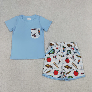 Ensemble de rentrée scolaire pour bébés garçons, chemise bleue à manches courtes avec poches et short - Product Image 1