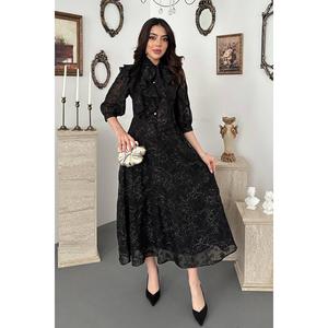 Vestido Midi Azul Otoñal con Lazo Negro - Tela Tejida Sólida, Manga Larga, Silueta en A, Cintura Natural, Elegante para Fiestas - Product Image 1