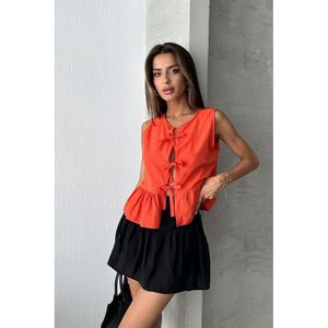 Blusa Naranja con Lazo Delantero y Delicado Patrón de Encaje para Mujer Topshow - Blusa Casual de Verano 100% Mezcla de Algodón y Lino para Damas - Product Image 1
