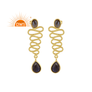 Boucles d'oreilles en labradorite naturelle plaquée or 18 carats, design fait main, avec pierres précieuses, fabricant de bijoux - Product Image 1