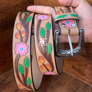 Nuevo Western Stylish Real Genuine Hand Tooled Leather Floral Paint Designer Belts Cinturón de cintura unisex de cuero hecho a mano de alta calidad - Product Image 1