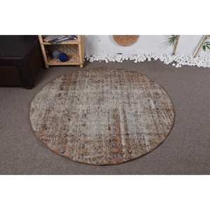 พรมตุรกีวินเทจ4.9 x 4.9ft เบจสีน้ำตาลสานแบบเรียบขนสัตว์เย็บปะติดปะต่อกันสำหรับห้องนั่งเล่นห้องโถงตกแต่งยางรอง - Product Image 1