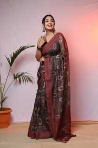 Digitale Bedrukte Sari 'S Met Gouden Rand En Blouse Traditionele Kleding Feestkleding Functie Dragen Mooie Kleur - Product Image 2