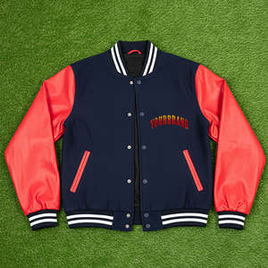 Veste universitaire tendance, manches en cuir, corps en laine mélangée, fermeture à pression, poignets côtelés, vêtement d'extérieur quotidien, usine OEM ODM - Product Image 2