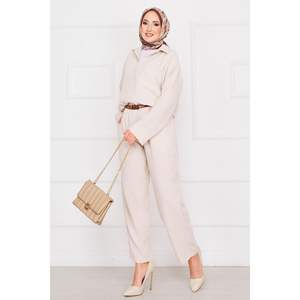 Pocket Detailed <b>Linen</b> Hijab Set Stone - Product Image 3