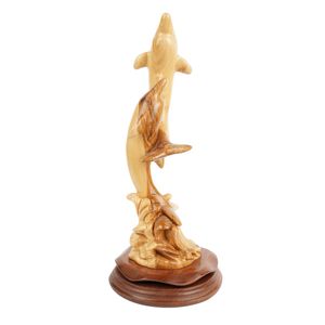 Sculpture artisanale en bois d'olivier de deux dauphins, 32 cm, fabriquée à Bethléem, Ghassan Salsa Art Deco, figurine de dauphin écologique - Product Image 2