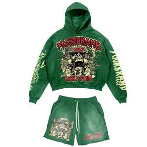 Nuevo logotipo personalizado Vintage Sudaderas con capucha y pantalones cortos Conjuntos Pullover Acid Wash DTG Imprimir Sudadera con capucha Hip Hop Algodón Sun Faded Chándal - Product Image 6