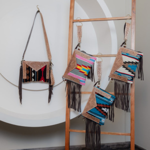 Western Style Aztec Tooled Leather Fringe Handbag Women Vintage Unique Southwestern Saddle <b>Blanket</b> Ladies Wristlet Bag - Product Image 5