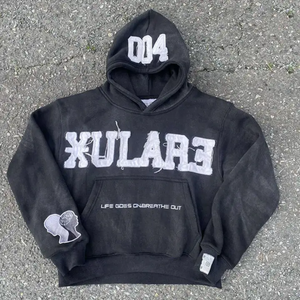 Sudadera con capucha bordada de gran tamaño de algodón 100% para hombre, sudaderas con capucha bordadas desgastadas con cremallera de peso pesado - Product Image 1