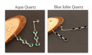Nouveau design à facettes bleu iolite quartz filles mode boucle d'oreille argent plaqué lunette réglage suspendu chaîne boucle d'oreille bijoux en laiton - Product Image 6