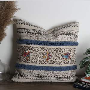 Blue and Grey Indian Tufted Boho Decorative Handmade Cotton Mudcloth <b>Cushion</b> Cover - Product Image 5
