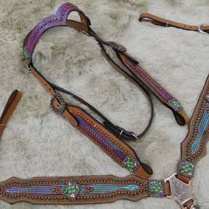 Conjunto de tachuelas de caballo occidental Premium personalizado de alta calidad, cuello de pecho de cuero con diamantes de imitación de lujo y Cuerda de brida, precio bajo - Product Image 3