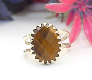 Anillo fino hecho a mano de Plata de Ley 925 con piedras preciosas de ojo de tigre facetadas - Product Image 2