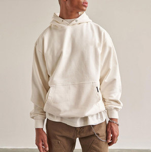 Bouton de haute qualité Sweat à capuche en éponge vierge 100% coton bleu Sweat à capuche surdimensionné Streetwear Puff Prin Sweats à capuche courts personnalisés - Product Image 2