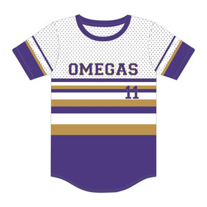เสื้อเบสบอลแบบสวมหัวลายทาง OPP ผ้าโพลีเอสเตอร์ตาข่าย 100% เสื้อยืด Omega Fraternity พร้อมโลโก้ปักแบบกำหนดเอง - Product Image 2