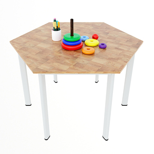 Hexagonal Modern <b>Wood</b> <b>Top</b> Rubber <b>Wood</b> <b>Table</b> with Oval Iron Legs for Home Office and Hotel Use-PSD029 - Product Image 3