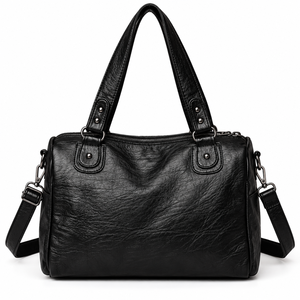 Sac à bandoulière en cuir de vachette pleine fleur noir avec finition vieillie, poches avant et accents de chaîne - Product Image 2