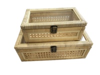 Nouveauté Panier de rangement rectangulaire de luxe Ensemble de paniers en rotin naturel faits à la main Boîte en rotin avec couvercle en verre Forme carrée pour la décoration de la maison