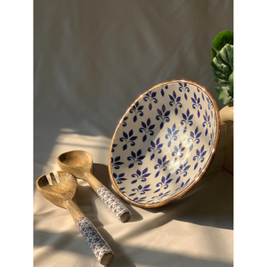 Bol de service de dîner en bois de mangue de vente chaude avec fourchette accessoire de table élégant de conception imprimée de forme ronde de haute qualité - Product Image 5