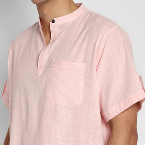 เสื้อยืดผ้าฝ้าย100% สำหรับผู้ชายทรงปกติมีกระเป๋าหน้าและชุดสั้นฤดูร้อนเสื้อยืดแขนสั้นคอมโบ - Product Image 5