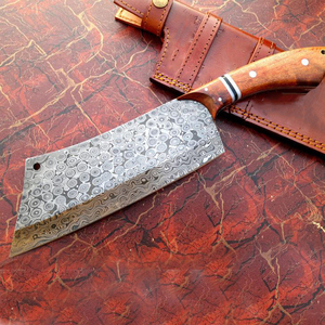 Couteau à lame fixe de couperet de cuisine de Chef en acier damas fait à la main professionnel avec gaine en cuir - Product Image 3