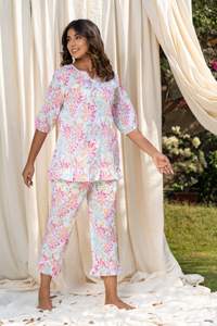 Conjunto de 2 piezas de pijama de algodón con estampado Floral para verano, traje de noche largo hasta el tobillo con cuello en V - Product Image 4