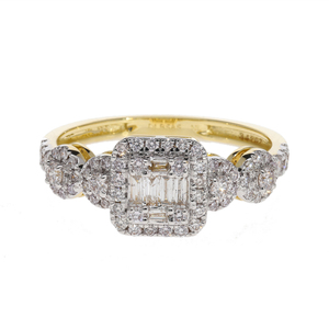 Bague de fiançailles en or rose avec halo de diamants naturels, plaquée rhodium, bijoux de mariage classiques avec baguette et cluster carré, bague de mariée - Product Image 1
