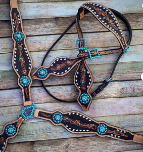 Conjunto de aparejos de cuero genuino para caballo estilo western, ligero, con cabezada, pechera y cierre de hebilla, personalizable, Kaamkaaj - Product Image 1