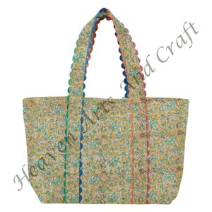Sac fourre-tout en coton imprimé floral à la main avec bordure en ric-rac pour femmes, grand sac cadeau d'été, style vintage, sac ouvert - Product Image 4