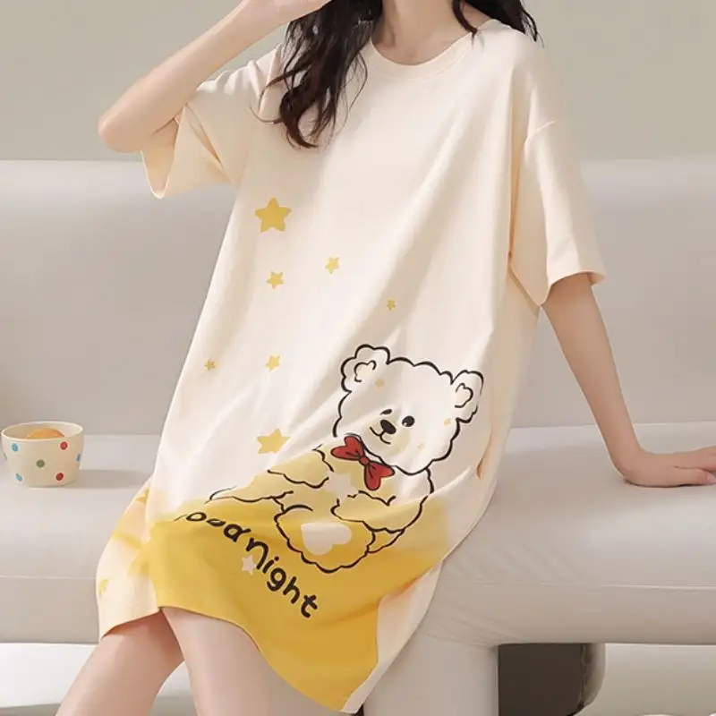 Manufacturer Cartoon Bear Print Nightdress Cute Crew Neck Short Sleeve Sleepwear Pajama Nightgown Women's Sleepwear Dresses